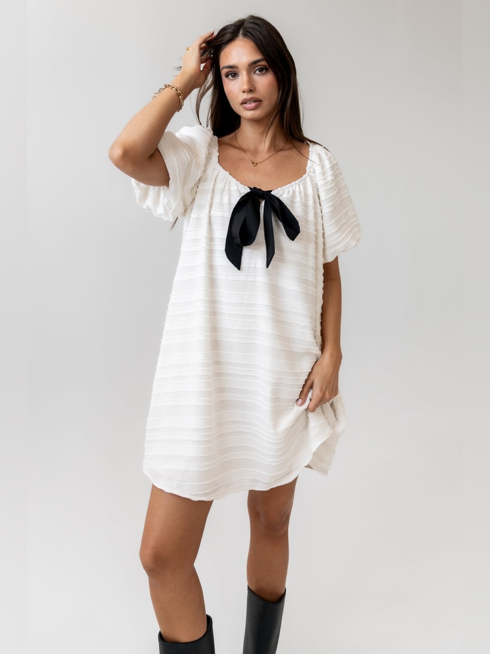 Böhme White Babydoll Dress Small Minnie Textured Puff Sleeve Black Bow Coquette